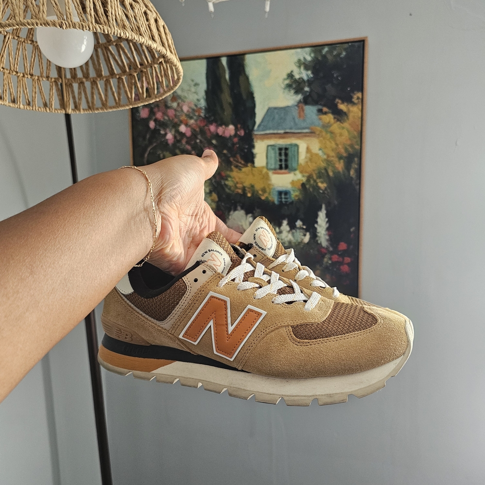 New Balance 574 Rugged Workwear Tan and Orange Sneakers